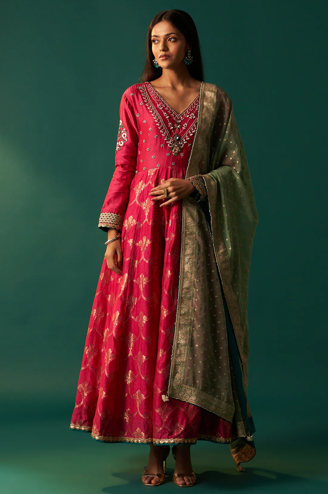 Pink Embroidered Chanderi Jacquard Zari Anarkali Kurta